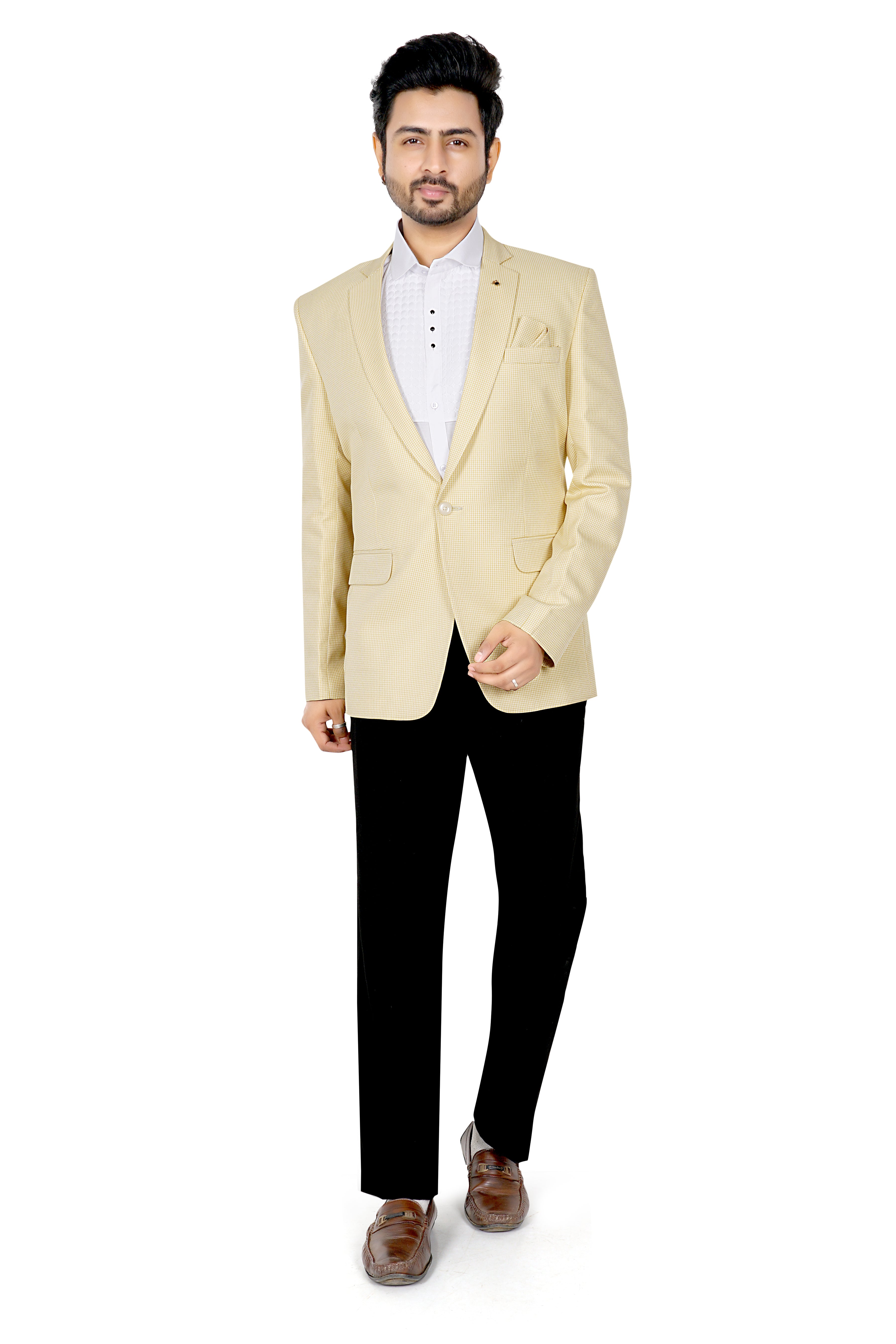 Rameez Men’s Premium Textured Golden Partywear Blazer | Slim Fit Wedding & Festive Coat