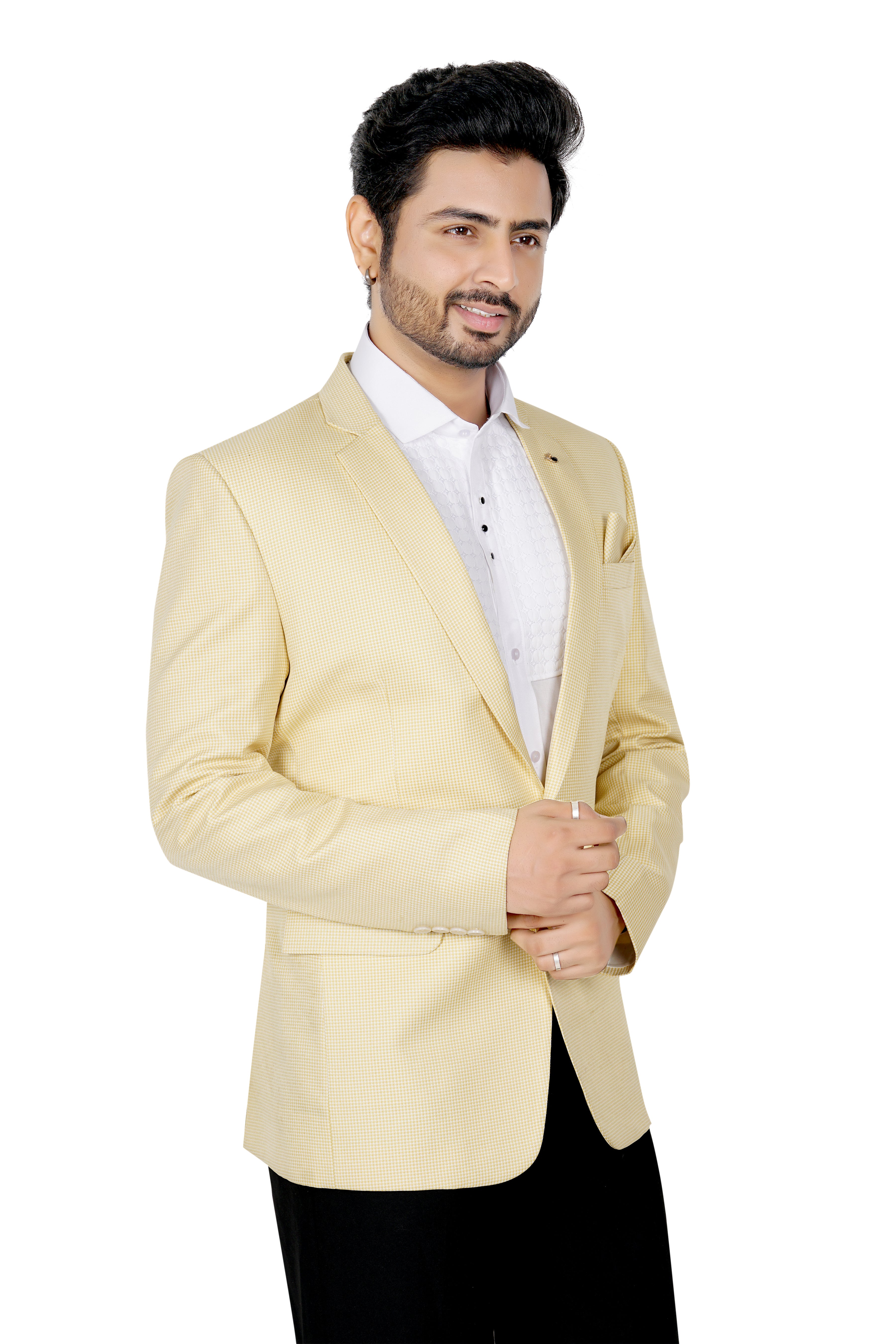 Rameez Men’s Premium Textured Golden Partywear Blazer | Slim Fit Wedding & Festive Coat