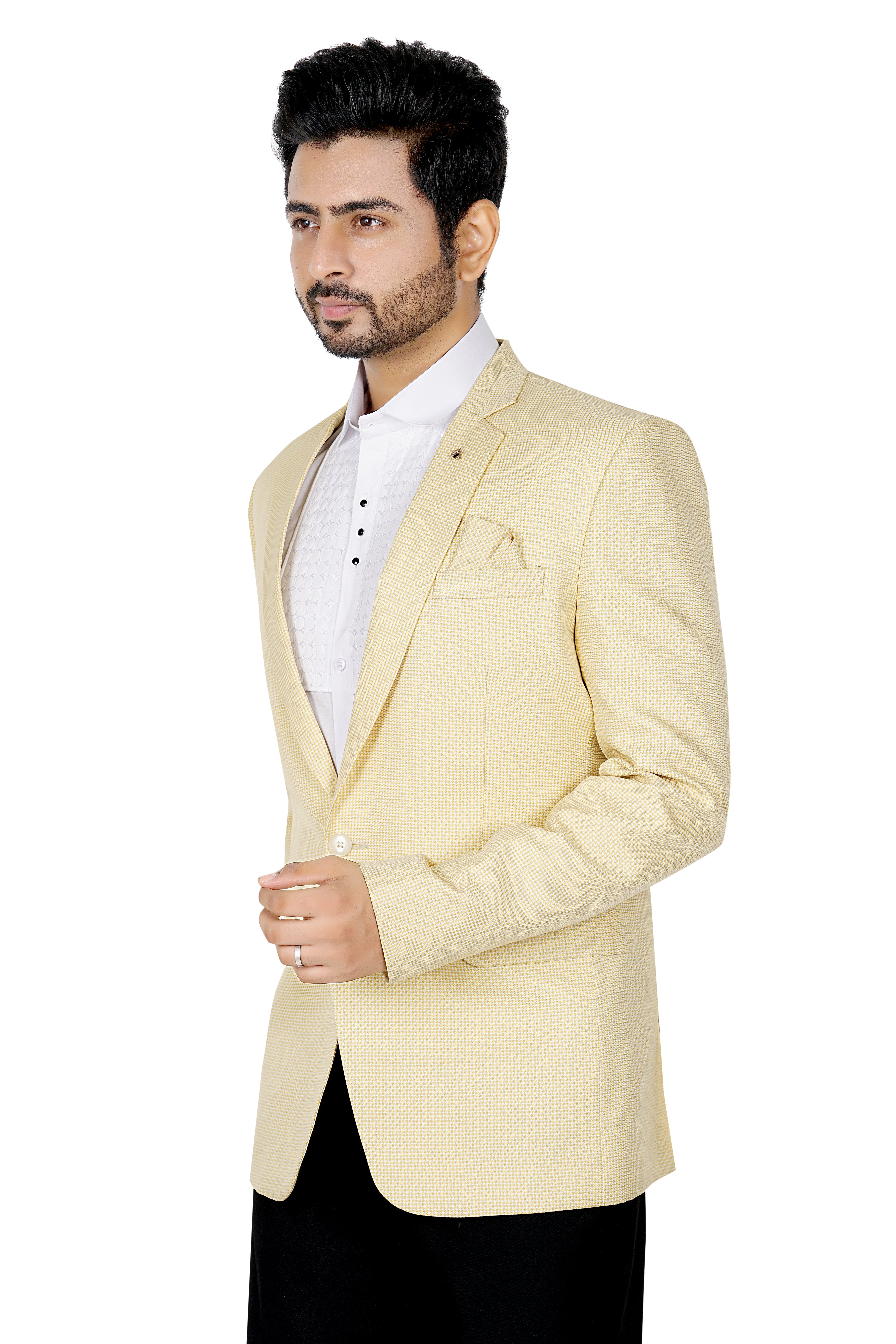 Rameez Men’s Premium Textured Golden Partywear Blazer | Slim Fit Wedding & Festive Coat